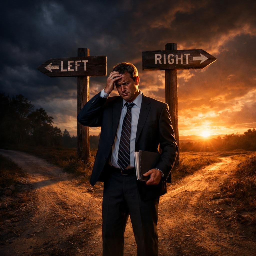 Man in suit standing at a forked road with left and right wooden signs looking confused