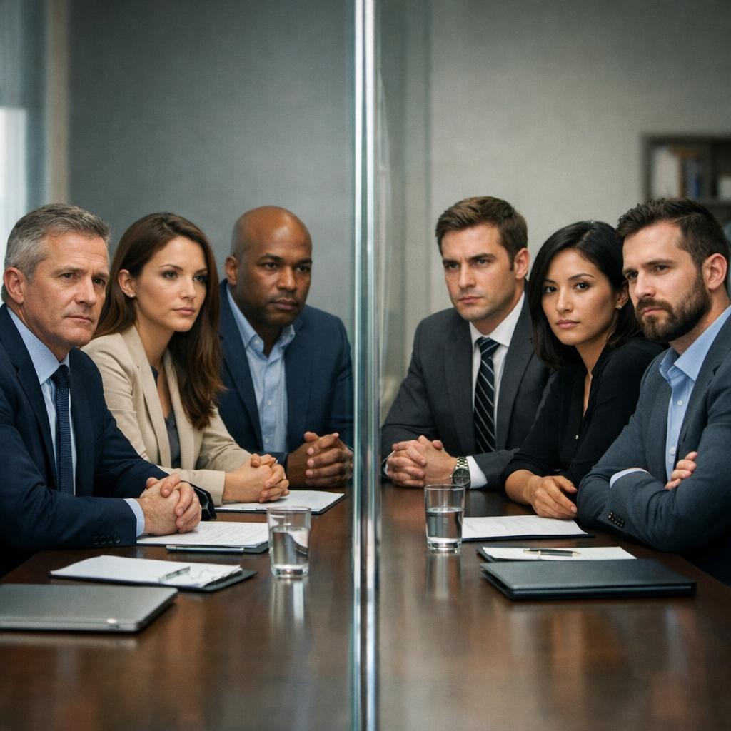 Two groups of businesspeople sitting across a glass partition in a meeting room during a negotiation